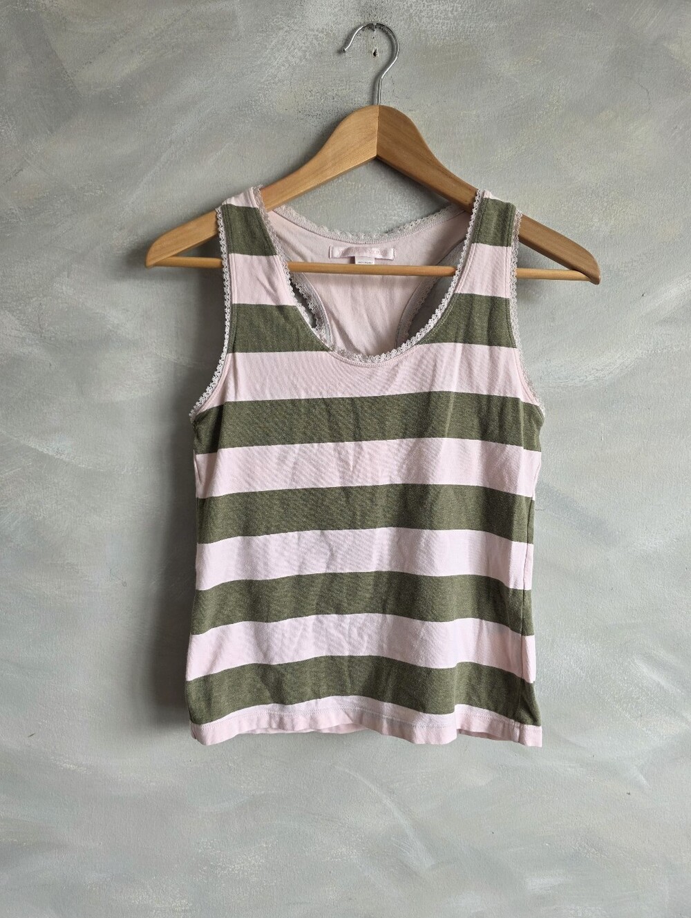 VTG 2004 Victoria's Secret Pink Green Striped Lace Trim Cami Tank Top M
